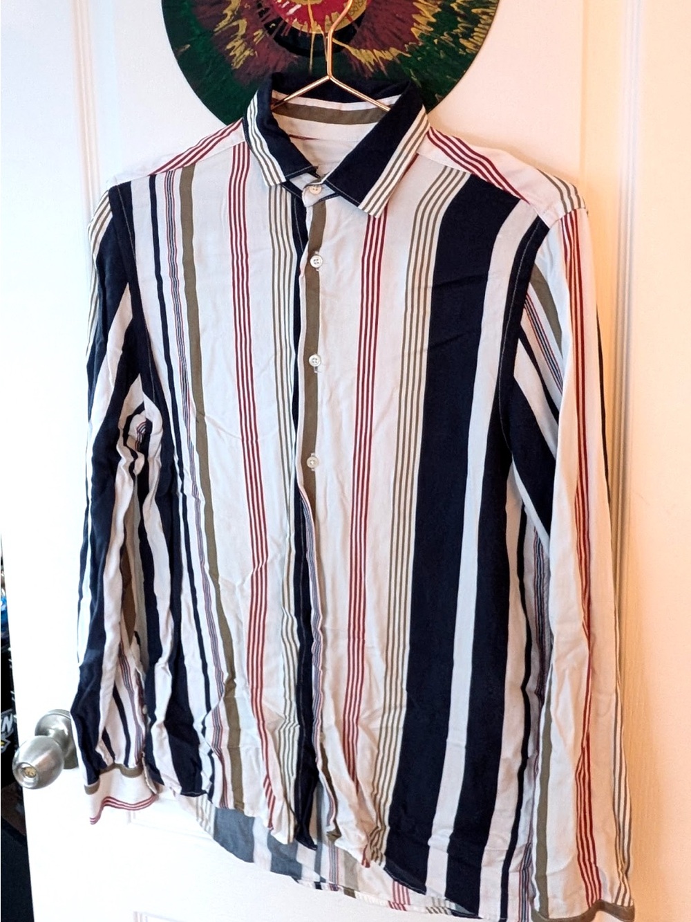 Zara Men's Long-Sleeve Striped Button-Down — Navy, White & Red